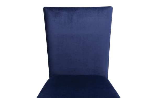 Contemporary Cosmopolitan Dining navy velvet upholstered counter height stool with solid back, memory foam seat, and espresso-finished wood legs.