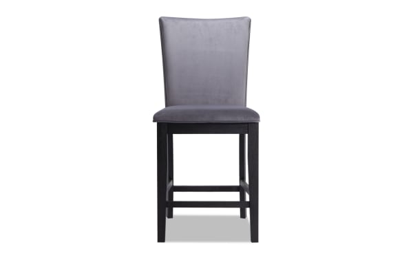 Cosmopolitan Espresso & Gunmetal solid back counter height stool in gray velvet fabric with memory foam seat, espresso-finished rubberwood legs, contemporary style.