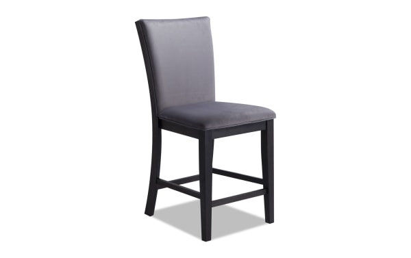 Contemporary Cosmopolitan Espresso & Gunmetal counter height stool with gray velvet upholstery, memory foam seat, and dark espresso wood legs.