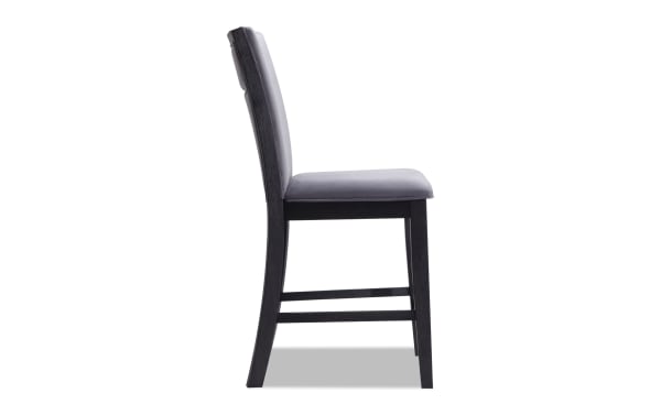 Cosmopolitan Espresso & Gunmetal solid back counter height stool in gray velvet fabric with memory foam, espresso-finished rubberwood legs, contemporary style.