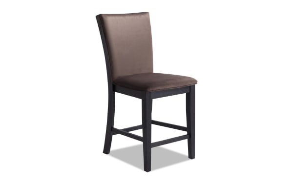 Contemporary Cosmopolitan Espresso & Chocolate counter height stool with velvet upholstery, memory foam seat, espresso-finished rubberwood legs.