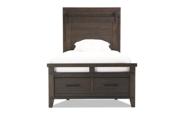 Rustic Montana Twin Brown Storage Platform Bed from Montana Bedroom collection, made of pine solids and veneer, with two footboard storage drawers.