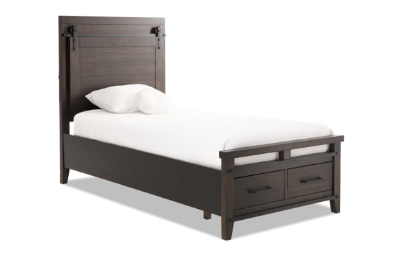 Montana Twin Brown Storage Platform Bed in rustic pine solids and veneer with dark brown finish, featuring two storage drawers in the footboard.