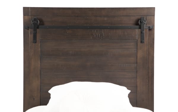 Rustic Montana Twin Brown Storage Platform Bed headboard made of pine solids and veneer, featuring a dark brown finish and black metal hardware.