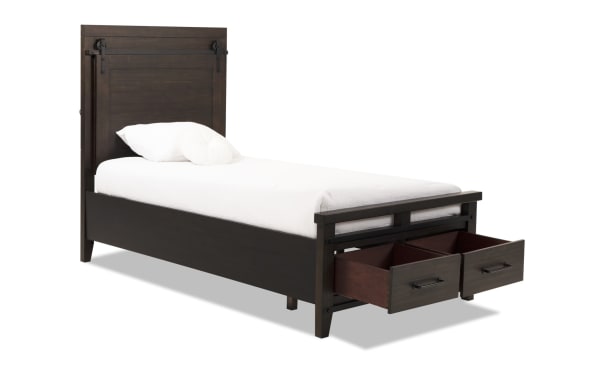 Montana Twin Brown Storage Platform Bed in rustic pine solids and veneer with two footboard storage drawers, part of Montana Bedroom collection.