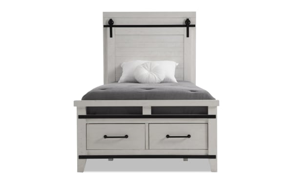 Montana Twin White Panel Storage Platform Bed in rustic pine solids and veneer with two black-handled storage drawers in footboard.