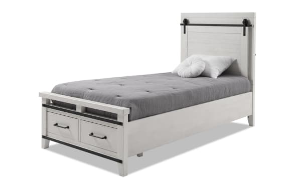 Montana Twin White Panel Storage Platform Bed in rustic style, made of pine solids and veneer, features two storage drawers in footboard.