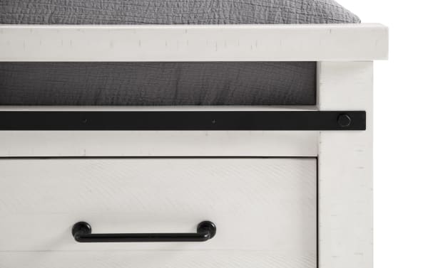 White rustic Montana Twin Panel Storage Platform Bed footboard with black metal drawer handle, pine solids and veneer construction.