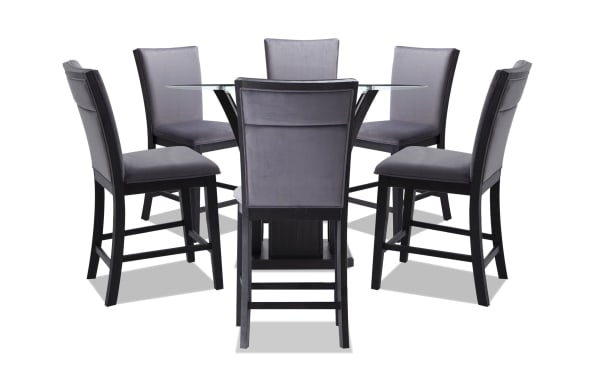 Contemporary Cosmopolitan 7-piece round counter height dining set with gray velvet upholstered stools, tempered glass top, and espresso wood base.