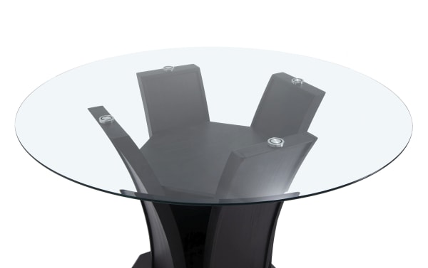 Cosmopolitan 7 Piece Black & Gray Upholstered Round Counter Height Dining Set with tempered glass top, velvet fabric stools, and espresso wood base.