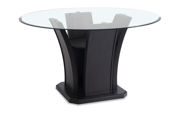 Cosmopolitan Espresso Round Glass Top Dining Table with tempered glass top, tulip-style MDF and rubberwood base, deep espresso finish, contemporary style.