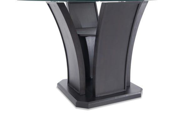 Contemporary Cosmopolitan Espresso Round Glass Top Dining Table base with stylized tulip design, MDF, rubberwood, and acacia veneers in deep espresso finish.