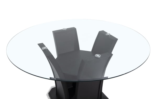 Contemporary Cosmopolitan Espresso Round Glass Top Dining Table with tempered glass surface, tulip-style MDF and rubberwood base in deep espresso finish.