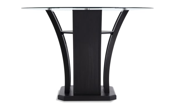 Cosmopolitan Espresso round glass top counter height dining table with tulip-style base in deep espresso finish, made of MDF, rubberwood, acacia veneers, and tempered glass.