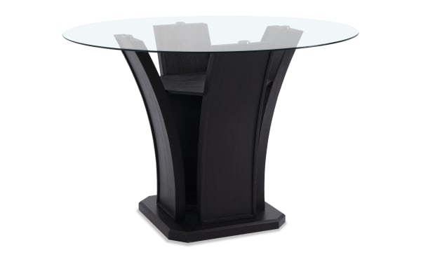 Cosmopolitan Espresso Round Glass Top Counter Height Dining Table with tempered glass top, deep espresso tulip-style base in MDF, rubberwood, and acacia veneers, contemporary style.