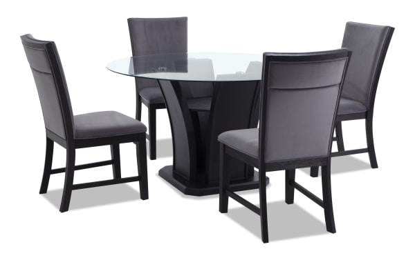 Contemporary Cosmopolitan 5 Piece Dining Set with round tempered glass top, black tulip base, and four gray velvet-upholstered chairs with espresso wood legs.