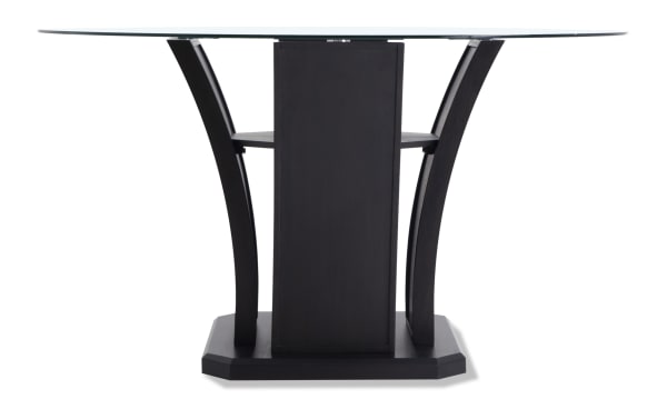 Contemporary Cosmopolitan 5 Piece Dining Set with round tempered glass top, black tulip-style rubberwood base, and gray velvet upholstered chairs.