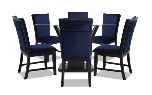 Cosmopolitan 7 Piece Black & Navy Upholstered Round Dining Set with velvet navy fabric chairs, tempered glass top, and espresso wood base in contemporary style.