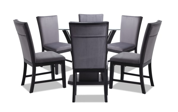 Cosmopolitan 7 Piece Black & Gray Upholstered Round Dining Set with velvet gray fabric chairs, tempered glass top, and espresso wood base in contemporary style.