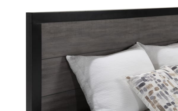 Fusion Queen Black & Gray Panel Bed from the Fusion collection features a transitional style with a two-tone black and gray birch veneer headboard and solid MDF frame.