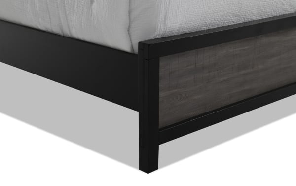 Fusion Queen Black & Gray Panel Bed corner showing transitional style with black MDF frame and gray birch veneer panel, part of Fusion collection.