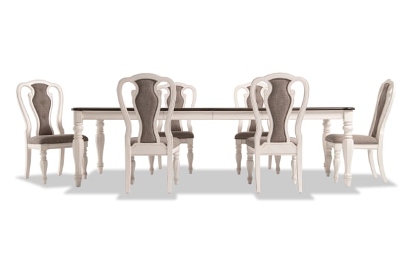 Scarlett 7 Piece White & Beige Upholstered Extendable Dining Set with cottage style MDF, poplar, oak veneer table and six tufted fabric polyester splat back chairs.