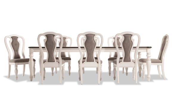 Scarlett 9 Piece White & Beige Upholstered Extendable Dining Set with cottage-style MDF, poplar, oak veneer table, tufted fabric polyester chairs, and carved legs