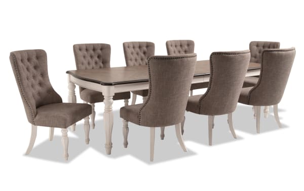Scarlett 9 Piece Beige Upholstered Extendable Dining Set with tufted polyester fabric chairs, wire brushed oak top, carved legs, cottage style