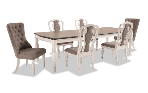 Scarlett 7 Piece White & Beige Upholstered Extendable Dining Set with cottage style, wire brushed oak top, carved legs, polyester fabric, and tufted memory foam chairs.