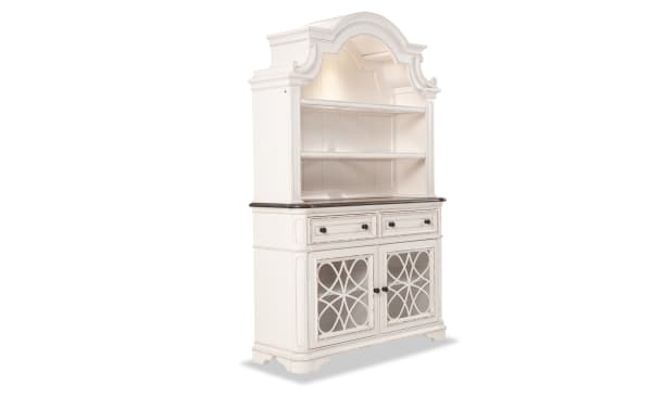 Scarlett 2 Piece White & Oak China Cabinet from Scarlett Dining, cottage style with distressed white MDF, poplar, oak veneer, antique brass hardware, touch lighting, two drawers, decorative glass doors, and ample shelf storage.