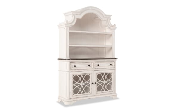 Scarlett 2 Piece White & Oak China Cabinet from Scarlett Dining, cottage style with distressed white MDF, poplar, oak veneer, brass hardware, glass doors, shelves, and drawers.