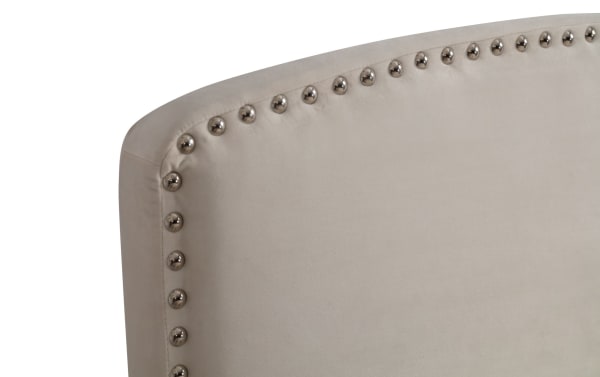 Beige Isabella Twin Upholstered Panel Headboard with arched design, polyester fabric, and silver nailhead trim in transitional style