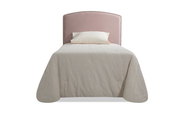 Isabella Twin Pink Upholstered Panel Headboard with arched design, polyester fabric, and individual nailhead trim in transitional style.