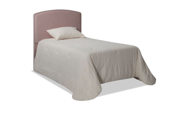 Isabella Twin Pink Upholstered Panel Headboard in transitional style, featuring arched design, pink polyester fabric, and nailhead trim for kids or tweens.