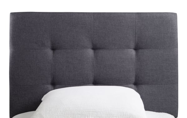 Aiden Twin Gray Upholstered Panel Headboard with tufted polyester fabric in a transitional style, featuring a gray fabric finish and clean panel design.
