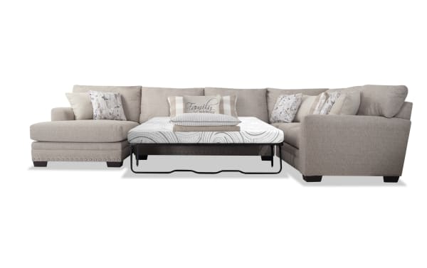 Cottage Chic Beige 4-piece right arm facing sleeper chaise sectional with queen cooling Bob-O-Pedic memory foam mattress, polyester fabric, nailhead trim, and neutral traditional style.