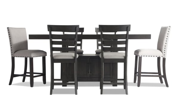 Sonoma 7 Piece Espresso & Beige Upholstered Counter Height Dining Set with solid acacia wood, rustic style, extendable table, and fabric polyester cushioned stools.