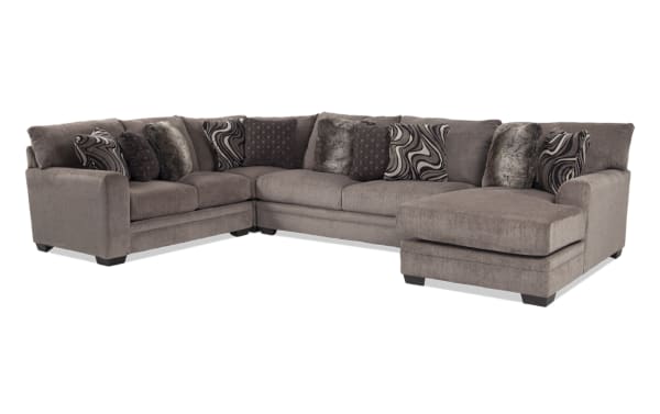 Luxe Gray 150" 4-piece right arm chaise sectional in soft gray polyester fabric with transitional style, featuring Bob-O-Pedic gel memory foam seating, cooling sleeper mattress, and patterned accent pillows for comfort and modern design.