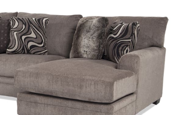 Luxe Gray 150" 4 Piece Right Arm Cooling Sleeper Chaise Sectional in soft gray polyester fabric with plush cushions and patterned accent pillows, featuring transitional style and a cooling gel memory foam queen mattress for comfort and versatility.