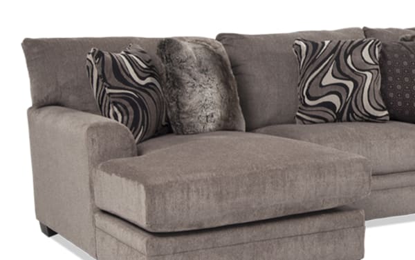 Luxe Gray 150'' 4-piece left arm facing transitional sleeper chaise sectional in soft gray polyester fabric with patterned and faux fur accent pillows, featuring Bob-O-Pedic gel memory foam seating and a queen cooling mattress for comfort and style.