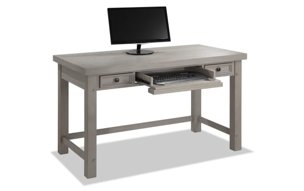 Hudson Gray 3 Drawer Desk in transitional style with rustic gray finish, rubberwood, pine, mango veneer, and pewter hardware, featuring a keyboard pullout.