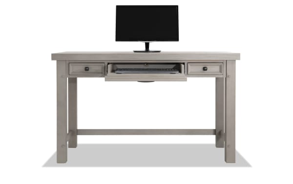 Hudson Gray 3 Drawer Desk from Hudson Bedroom collection, transitional style with rubberwood, pine, MDF, mango veneer, gray finish, pewter hardware, and a pullout keyboard tray.
