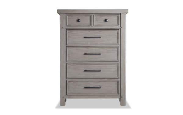 Hudson Gray 6 Drawer Chest in rustic transitional style with distressed gray finish, rubberwood and mango veneers, pewter metal hardware, from Hudson Bedroom collection.