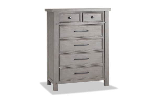 Hudson Gray 6 Drawer Chest in rustic gray finish with distressed wood, metal pewter hardware, transitional style, rubberwood and mango veneer.