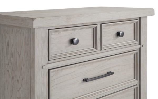 Hudson Gray 6 Drawer Chest in rustic distressed gray finish, transitional style with rubberwood, pine, mango veneers, and pewter metal hardware.