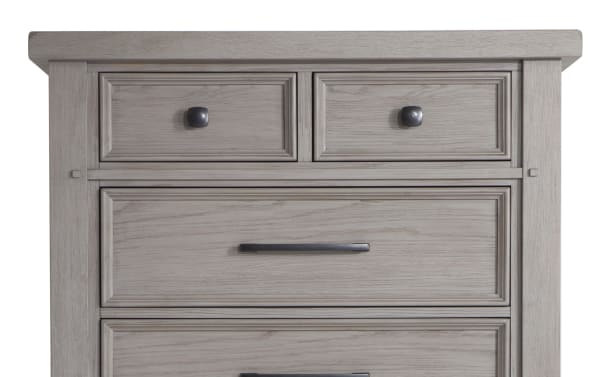 Hudson Gray 6 Drawer Chest with distressed gray finish, transitional style, rubberwood and mango veneer, pewter metal hardware, part of Hudson Bedroom collection.