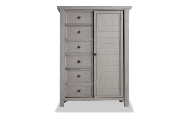 Hudson Gray 8 Drawer Wardrobe in distressed gray finish with transitional style, rubberwood and mango veneer, featuring 6 drawers and a paneled door.