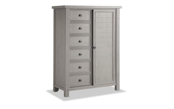 Hudson Gray 8 Drawer Wardrobe in transitional rustic style with distressed gray finish, rubberwood, pine, mango veneers, and pewter hardware.