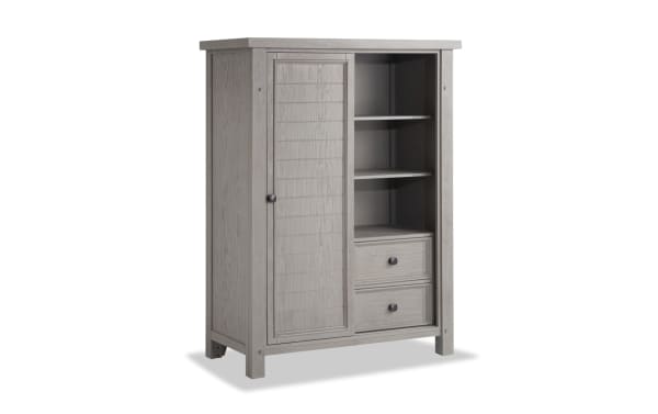 Hudson Gray 8 Drawer Wardrobe in transitional rustic style with distressed gray finish, rubberwood and mango veneer, featuring shelves, two drawers, and pewter hardware.