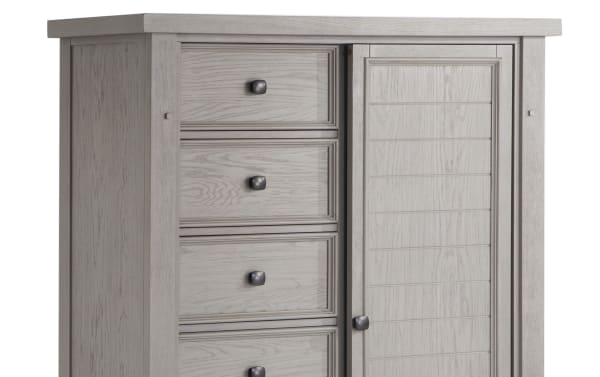 Hudson Gray 8 Drawer Wardrobe in transitional rustic style with distressed gray finish, rubberwood and mango veneer, featuring pewter hardware and multiple drawers.
